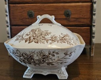 Late 1800s Brown Aesthetic Transferware Butter Dish with Lid and Insert by E. M. & CO