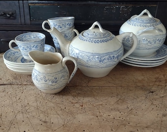 Antique Blue Transferware Children's Dishes Fountain Pattern