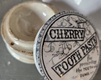 Antique Cherry Tooth Paste Pot and Lid with Black Lettering
