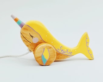 Personalized Wooden Narwhal Pull Toy: Ocean Nursery Decor