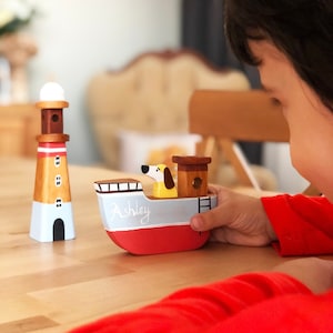 Handmade Wooden Boat & Lighthouse Toy Set: Natural Alder Wood