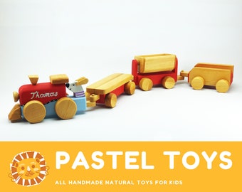 Wooden Train Set – Natural Alder Wood Toy, Gift for Boys