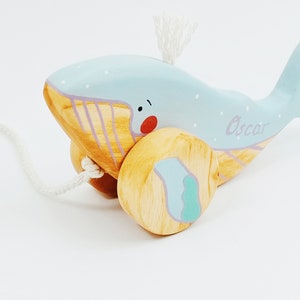 Personalized Wooden Pull Toy Humpback Whale Toys for 1 Year Old Ocean Nursery Decor Pretend Play Gift image 2