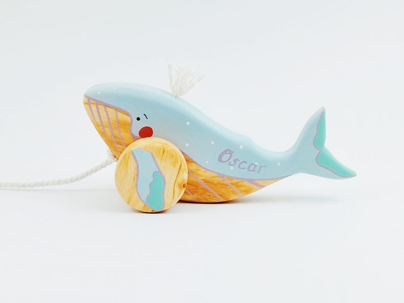 Personalized Wooden Pull Toy Humpback Whale Toys for 1 Year Old Ocean Nursery Decor Pretend Play Gift image 7
