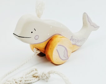 Wooden Beluga Whale Pull Toys for Kids, 1st Birthday Gift