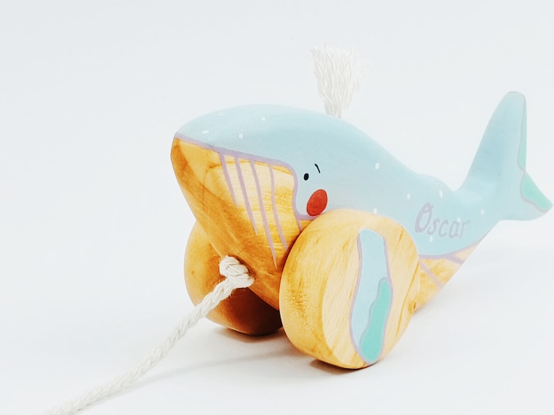 Personalized Wooden Pull Toy Humpback Whale Toys for 1 Year Old Ocean Nursery Decor Pretend Play Gift image 3