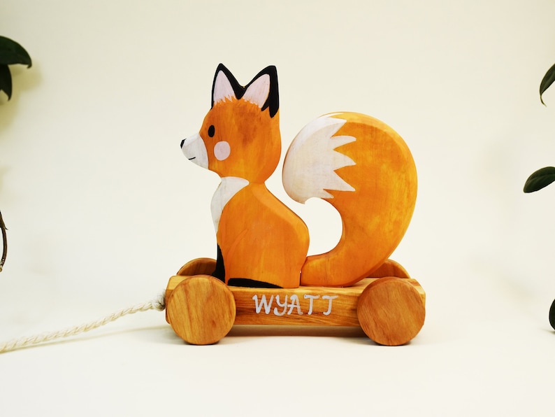 Wooden Pull Toy Fox, Woodland Pull Along Toy, Wooden Fox Toy, Fine Motor Skill Toys, Gift for 2 Years Old, First Communion Gift Personalized image 1