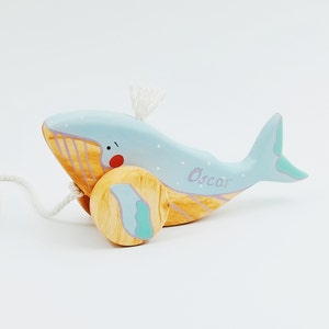 Personalized Wooden Pull Toy Humpback Whale Toys for 1 Year Old Ocean Nursery Decor Pretend Play Gift image 1