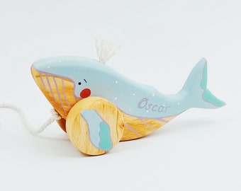 Jouet à tirer en bois personnalisé | Baleine à bosse | Jouets pour 1 an | Décoration de chambre d'enfant océan | Cadeau jeu de simulation