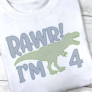 T-Rex Dinosaur 4th Birthday Shirt, Rawr I&#39;m 4, Embroidered Birthday T-Shirt, 4th Birthday Dino Shirt, Roar I&#39;m Four Kids Shirt