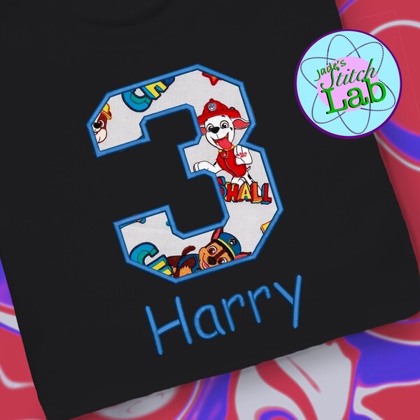 PAW Patrol Embroidered Birthday Kids Shirt, PAW Patrol Number Black Shirt, PAW Patrol Custom Boy's Birthday, Embroidered Cotton T-Shirt