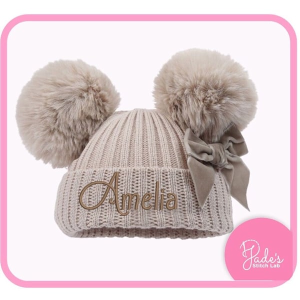 Personalised Baby Girl Double Pom Pom Hat |  0-12mth | Knitted Winter Hat | Buiscuit | Embroidered | Toddler Bobble Hat | Baby Shower Gift |