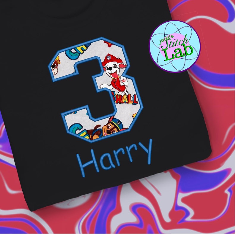 PAW Patrol Besticktes Geburtstags-Kinder-Shirt, PAW Patrol Zahl Schwarz Shirt, PAW Patrol Custom Boy's Birthday, Besticktes Baumwoll-T-Shirt