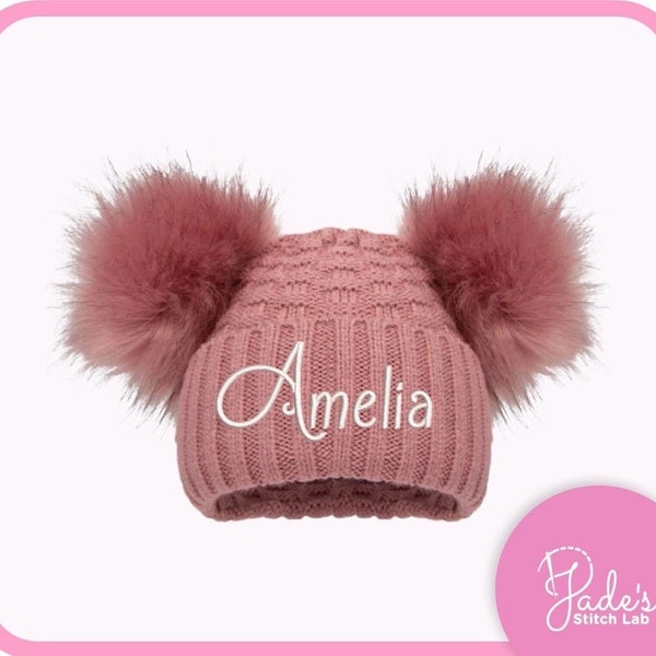 Personalised Baby Girl Double Pom Pom Hat | Knitted Winter Hat | Dusty Pink | Embroidered | Toddler Bobble Hat | Baby Shower Gift |