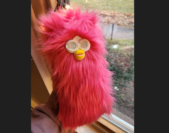 Plush Loaf Furby Mini Long Furby Hot Pink Fur, Glittery White Eyes