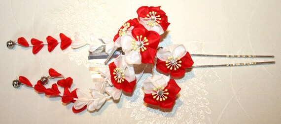 Anciennes Piques à Cheveux Kanzashi Japonaises - Motif Bira Bira Avec Corail Et Alliage Argenté