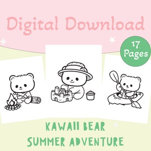 Kawaii Bear Summer Adventure Coloring Pages for Kids, Kawaii Coloring Pages, Kawaii Sheets, Cute Coloring, Coloring Pages, Digital Download