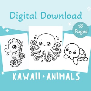 Kawaii Aquatic Animals Coloring pages for Kids,  Kawaii Coloring Pages, Kawaii Animals Sheets, Animal Coloring, Digital Download