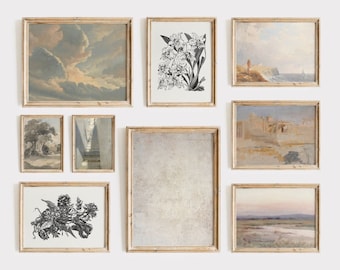 Vintage Landscape Painting Set: Neutral Gallery Wall Art Digital Download