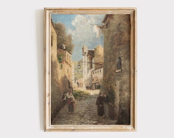Vintage Italian Village Oil Painting: Antique Italy Wall Art Digital Download