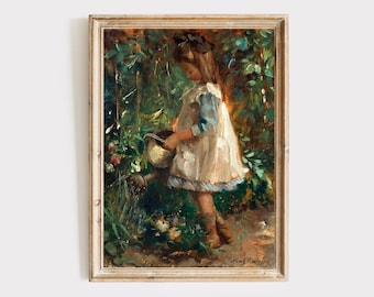 Vintage Girl in Garden Painting: Rustic Farmhouse Spring Art Digital Download