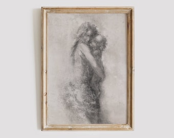 Vintage Mother and Child Sketch: Antique Nursery Art Digital Download