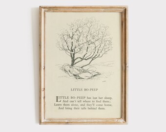 Vintage Little Bo Peep Print: Minimal Nursery Rhyme Art Digital Download