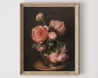 Vintage Pink Peonies Oil Painting: Still Life Floral Art Digital Download