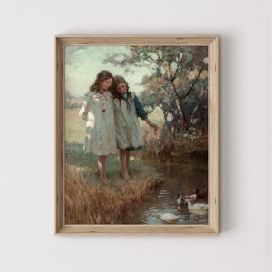 Vintage Girls and Ducks Painting: Farmhouse Nursery Art Digital Download