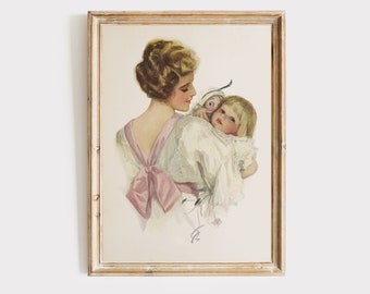 Vintage Mutter Tochter Kinderzimmer Kunst | Aquarell-Illustration | Antike Kinderzimmer-Wandkunst zum Ausdrucken