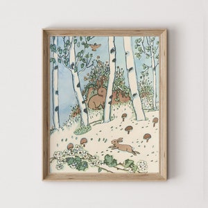 impression d'art vintage pour chambre d'enfant lapin | Illustration de livre pour enfants imprimable | Art mural coloré pour chambre d'enfant des bois | Téléchargement numérique