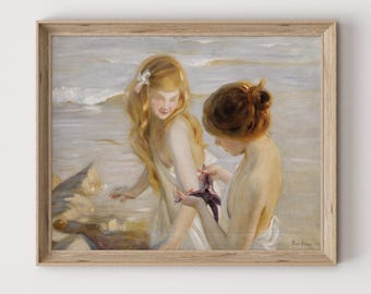 ヴィンテージビーチペインティング：ヒトデを持つ少女たち、海岸アートプリント デジタルダウンロード