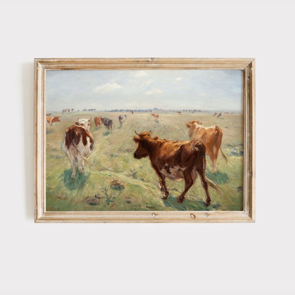 Country Farm Painting | Vintage Farmhouse Wall Decor | Antique Animal Painting | Farm Wall Art | Cow Painting | Cow Decor