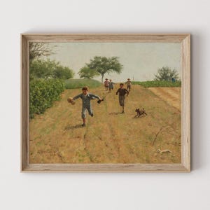 Vintage Children Running Painting: Farmhouse Kids Room Art Digital Download
