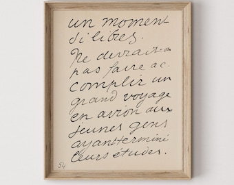 Cita manuscrita en francés de Matisse: Arte mural vintage con escritura imprimible