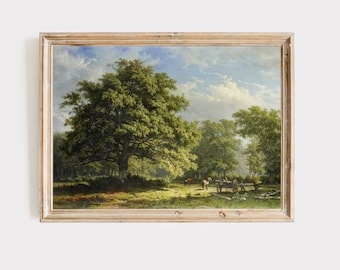 Vintage Summer Landscape Painting: Green Antique Wall Art Digital Download