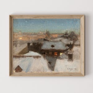 Vintage Winter Village Painting | Christmas Art Print | Snow Landscape Printable Digital Download