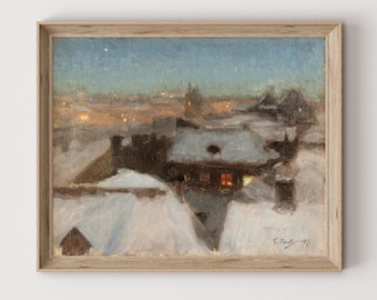 Vintage Winter Village Painting | Christmas Art Print | Snow Landscape Printable Digital Download