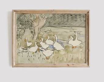 décoration de chambre d'enfant vintage | Impression de ferme | Art abstrait de canard | Art mural chambre d'enfant à la ferme | Illustration animale
