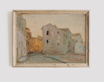 Vintage Cityscape Oil Painting: Beige Town Art Digital Download