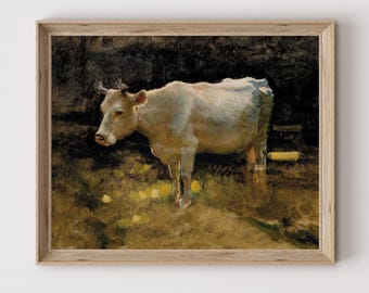 Vintage Cow Painting | Country Farmhouse | Antique Art Print | Farm Animal Nursery Decor