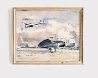 Stampa acquerello di aeroplano d'epoca: download digitale di arte aeronautica per bambini