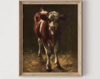 May include: A vintage painting of a brown and white calf standing in a field of hay. The calf is looking directly at the viewer with a curious expression.