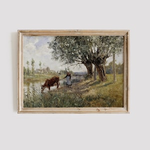 Vintage Farmhouse Painting | Country Wall Art Decor | Cow Painting | Farmhouse Wall Art