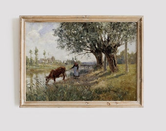 Vintage koeschilderij: boerderij land muurkunst digitale download