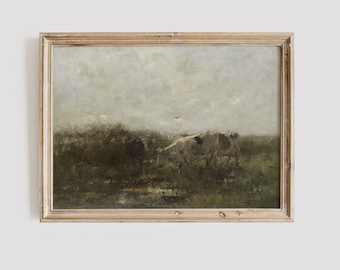 Vintage koeschilderij: boerderij land muurkunst digitale download