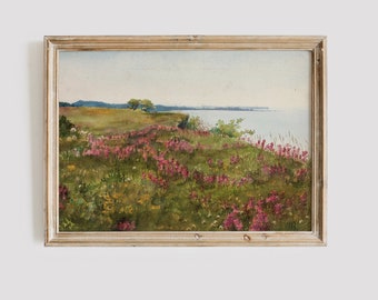 Stampa di paesaggio di prato d'epoca: download digitale di un dipinto di un campo costiero