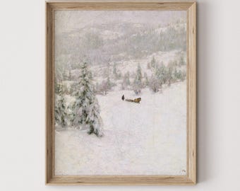 impression vintage de paysage d'hiver | Art de la ferme de Noël enneigé imprimable | Décoration des Fêtes en traîneau de pin