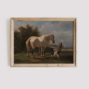 Antique Horse and Goat Painting: Vintage Farmhouse Art Digital Download