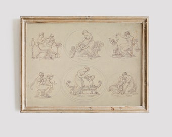 Vintage Mother Daughter Sketch: Antique Nursery Art Digital Download